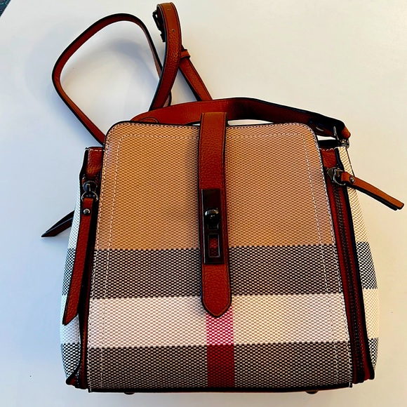 Plaid Handbag Leather Brown Tan Cream Rich tones with Shoulder strap 9.5”x8”x4.5